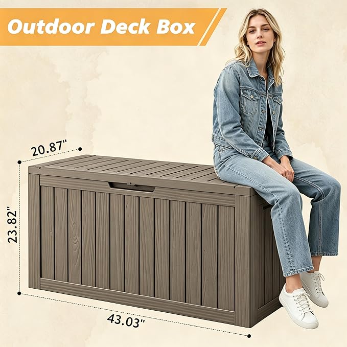 Fancyango 110 Gallon Outdoor Deck Box Waterproof, Large Storage Box for Patio, Resin Storage Bench Lockable for Garden Tools, Package Delivery, Grey