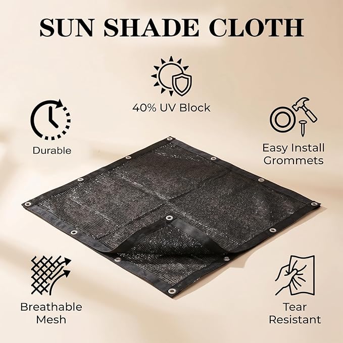 40% Garden Sunblock Shade Cloth, 10 x 20 FT Durable Taped Edge with Grommets UV Resistant Black Garden Shade Net for Plants, Greenhouse, Vegetables and Patio