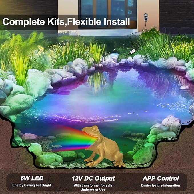 Pond Light with APP, 6W Underwater Pond Lights with 12V Transformer | IP68 Waterproof Submersible LED Fountain Lights with 32FT Cable for Ponds Waterfall Fountain Water Feature, 1 SpotLights