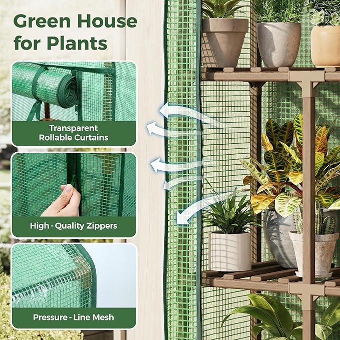 Bamworld Mini Greenhouse for Indoor Outdoor 22 x 16 x 66-Inch Small Plant Green Houses with 3-Tier Plant Shelves Portable with Green PE Cover for Garden and Backyards Ideal Gardening Gifts for Lovers