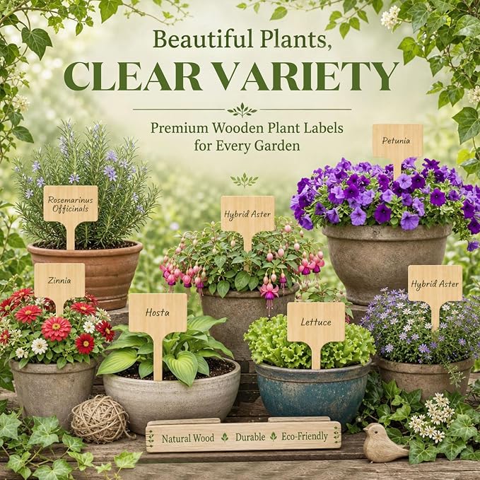 Hicarer 15 Pcs 11.74" x 6" Extra Large Bamboo Garden Markers, Natural Wood T-Type Large Tall Plant Labels for Herbs, Flowers & Vegetables – Easy to Read Full-Size Tags for Garden Outdoor