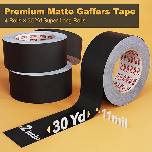 4 Pack Black Gaffers Tapes 2 Inch x 30 Yards x 11 Mil - Pro Black Gaff Tape - Waterproof, No Residue, Non-Reflective, Easy Tear - Photography, Filming Backdrop, Stage, Production (120 Yards in Tatal)