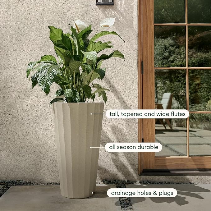 Veradek Column Series 26" Tall Outdoor Planter for Porch & Patio | Durable Plastic-Stone Material w/Shelf | Modern Décor for Plants & Flowers