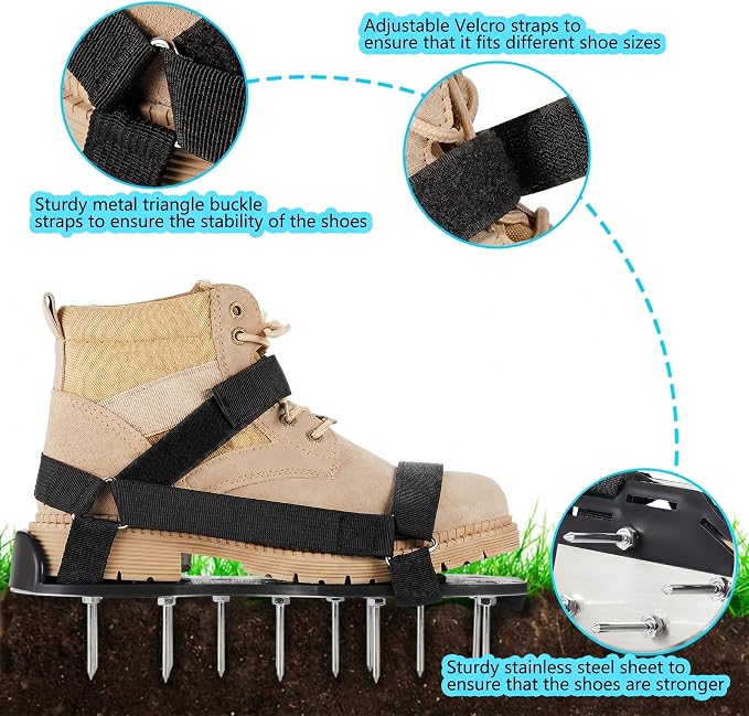 Lawn Aerator Shoes Pre-Assembled - 26 Heavy Duty Steel Spikes (2.4"), Stainless Steel Base Plate, Adjustable Metal Buckle Straps - Walk Behind Grass Aerator Sandals for Yard Lawn Care