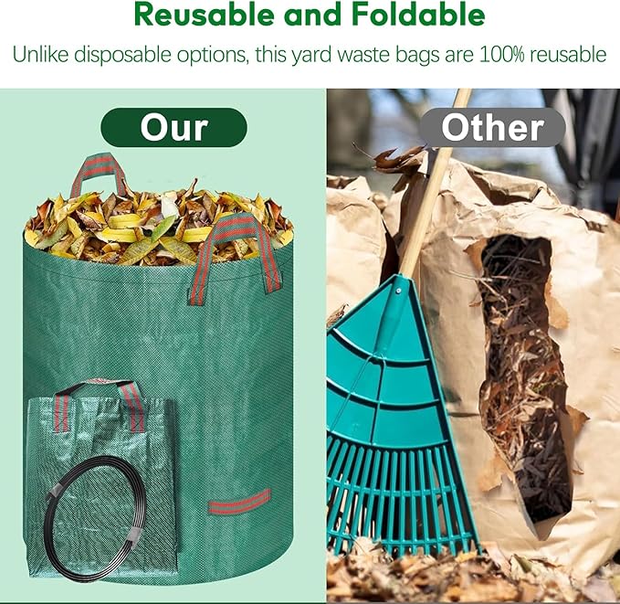 2 Pack Leaf Bags, 53 Gallon Reusable Yard Waste Bags, Heavy Duty Lawn bags Garden Bags for Leaves, Stand-Up Yard Waste Bin with Handles for Grass, Debris and Garbage