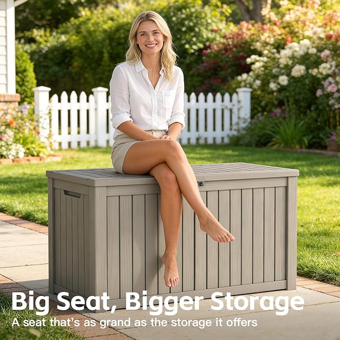 Mars Villa 180 Gallon Outdoor Storage Box, Large Waterproof Resin Deck Box for Patio Furniture Cushions, Pool Supplies, Gardening Tools, Lockable, Weatherproof and UV Resistant, Grey