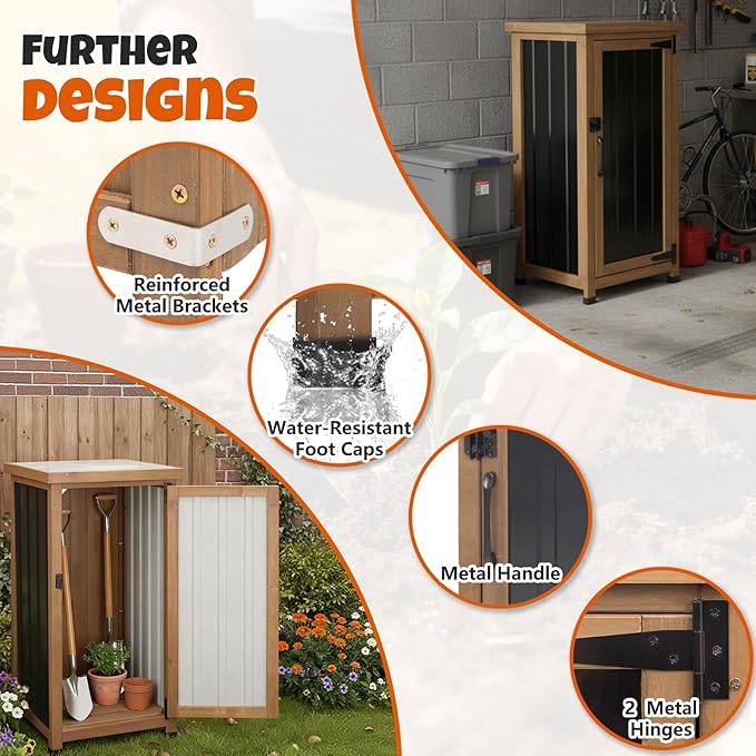 Outdoor Storage Cabinet Waterproof with Metal Top, Multi-Purpose Wood & Metal Potting Bench Tool Organizer with Adjustable Shelf, Garden Storage Box for Patio Backyard