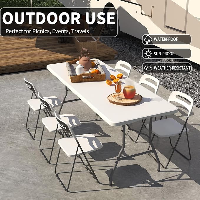 6FT Folding Tables – Heavy Duty Portable Foldable Picnic Table with Built-in Handle, 450 lb Capacity – Ideal for Events, Parties, Crafts, Camping & Dining (4-Pack, White)
