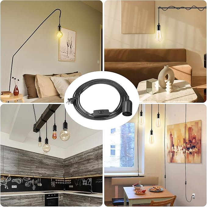 2Pack Plug in Hanging Light Kit, E26/E27 Vintage Hanging Lights with Plug in Cord, Retro Pendant Light Fixture, 12FT Cord with On/Off Switch, Black