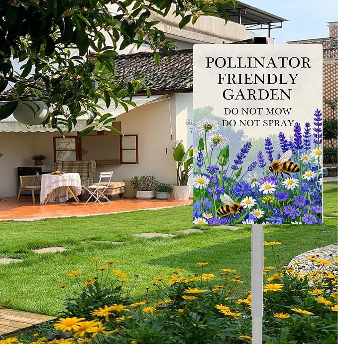 Pollinator Friendly Garden Do Not Mow Do Not Spray Yard Sign With Stakes No Mow Zone Bee Habitat Garden Stake Reflective Rustproof Aluminium No Mow May Signs Outdoor 8X12 IN