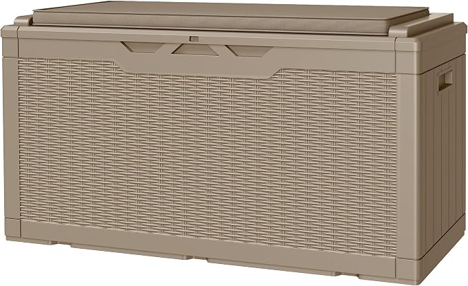 JUMMICO 100 Gallon Resin Deck Box with Cushion, Waterproof Outdoor Storage Box with Lockable Lid for Garden Tools, Patio Cushions (Light Brown)