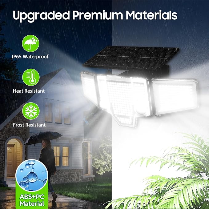 2026 Motion Sensor Solar Lights Outdoor Waterproof, 4000LM Solar Flood Lights with Dual PIR & Curved 300° Wide Beam, Larger 3500mAh Adjustable Solar Security Spot Lights for Yard-1Pack Black