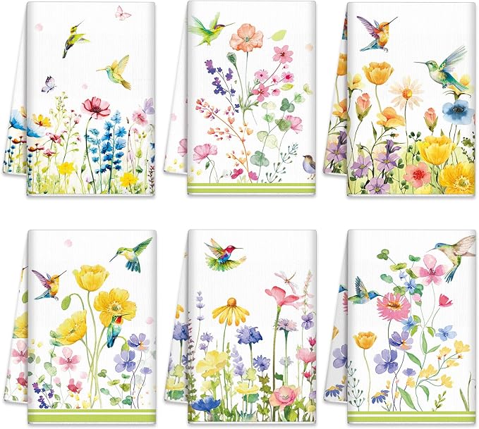 Oudain Sets of 6 Floral Kitchen Towels Decor Wildflower Hummingbirds Branches Dish Hand Tea Towels for Summer Spring Party Holiday Supply Bathroom Housewarming Gift