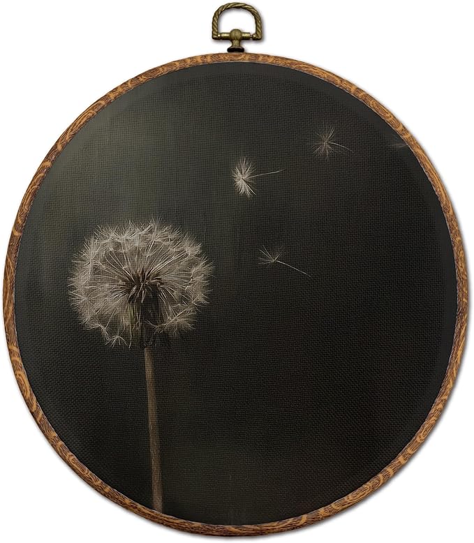 DOFQZ Vintage Dark Dandelion Floral Round Wall Art Decor, Rustic Flower Botanical Framed Wall Art, Dark Cottagecore Moody Plant Canvas Wall Hanging Decor for Home Bedroom Living Room, 10x10
