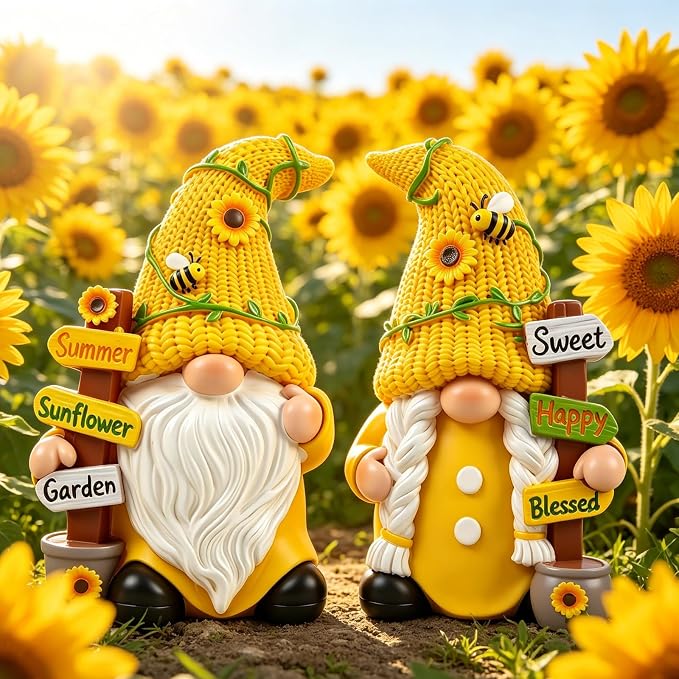 Sunflower Gnome Garden Decorations 2 PCS Resin Summer Figurines Cute Indoor Collectible Statue Outdoor Ornament for Table