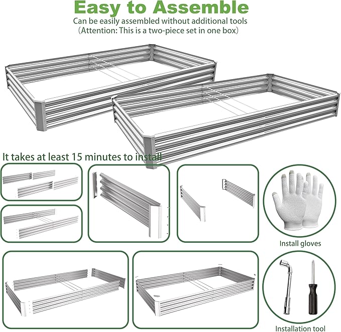 8x4x1ft (2 Pack) Raised Garden Bed Kit, Galvanized Planter Box Outdoor, Metal Raised Garden Beds for Flower,Vegetables, Herb,Sliver