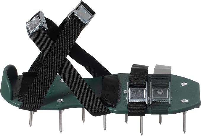 Lawn and Garden Aerator Spike Shoe with 3 Metal Buckle Straps, Green Spiked Sandal