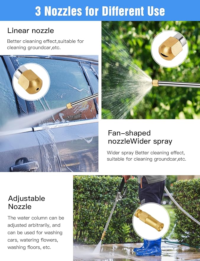 2026 Upgraded Jet Nozzle for Garden Hose,Pressure Washer Extension Wand with 3 Hose Nozzles for Car Washing