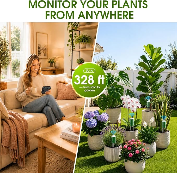 Soil Moisture Meter for Plants,4-in-1 Wireless Soil Tester,Soil Thermometer/Moisture/Sunlight Time,Large Screen,Indoor/Outdoor Plant Water Meter,Garden Soil Test Kit for Lawn,Farm,Houseplants