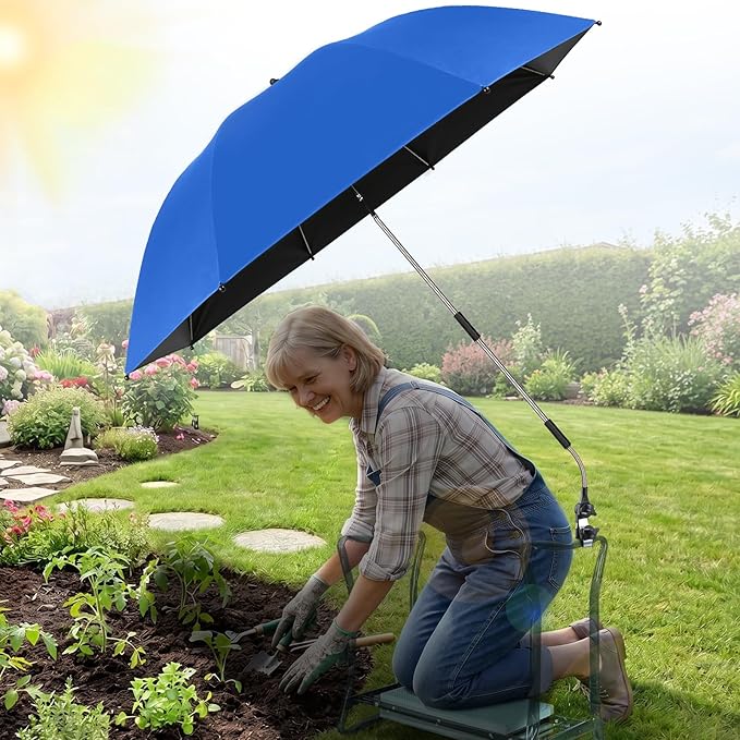 Garden Kneeler Umbrella,42” Large Chair Umbrella with Universal Clamp, 360°Swivel and UPF 50+ Protection,Folding Clip on Umbrellas for Garden Seat Bench Beach Chairs Strollers Golf Carts, NO KNEELER