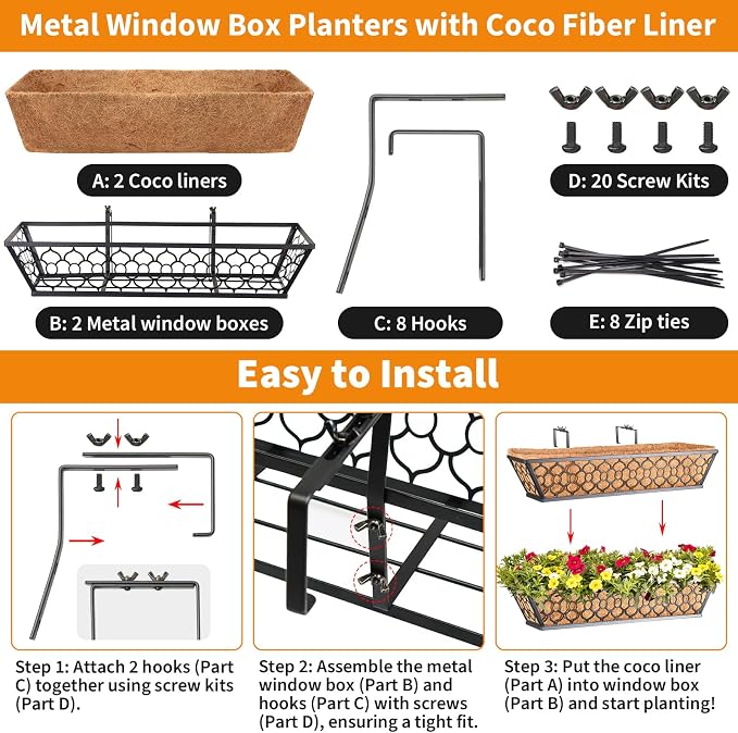 Riare 2 Pack 24 Inch Window Boxes Planters with Coco Liner, Metal Deck Railing Planter Boxes, Balcony Planters Railing Hanging, Horse Trough Window Flower Planter Boxes for Outdoor Porch Fence Patio