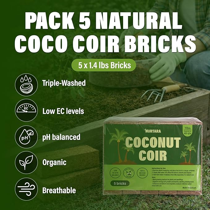7 Lbs Bricks, Pack 5 Coconut Coir | 1.4 Lbs Each | Organic Compressed Cocopeat, Seed Starter Soil, Coconut Fiber for Reptile Terrarium, Potting Mix | Low EC, pH Balanced, Odor-Free