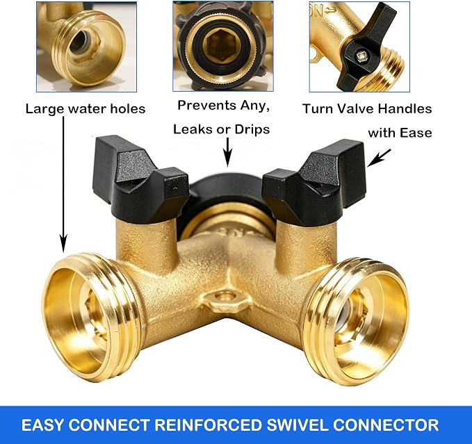 LIULO TOOL 2 Pack Brass Garden Hose Splitter 2 Way, Hose Y Splitter 3/4 Inch Heavy Duty Brass Hose Connector Tap Splitter, Hose Spigot Adapter 2 Valves with Rubber Washers