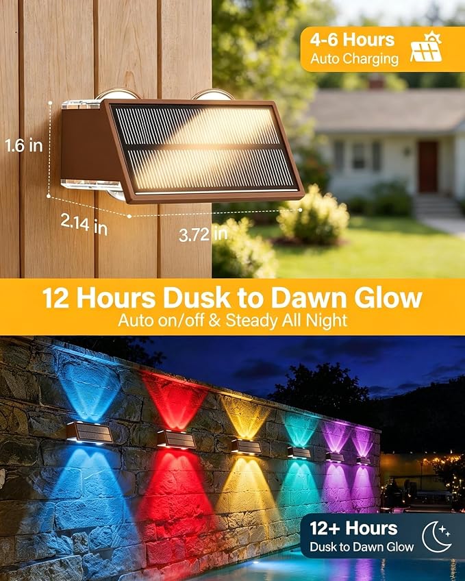 Solar Fence Lights Outdoor, 2 Pack 100LM Fence Lights Solar Powered, 9 Color Modes, Up and Down LED Focused Beam, 12H Dusk to Dawn Glow for Pool/Patio/Wall/Backyard - Matte Brown