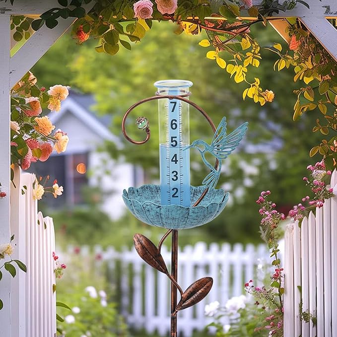 WONDER GARDEN Rain Gauge Outdoor, Decorative Hummingbird Rain Gauges Outdoors Best Rated, Freeze Proof Glass Water Rain Measure Gauge with Bird Feeder for Yard Patio Lawn Decor