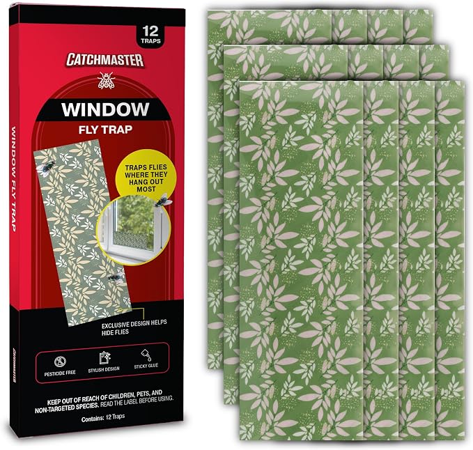 Catchmaster Window Fly Traps 12-Pack, Designed to Disguise House & Fruit Fly, Gnats, Adhesive Strips for Indoor, Disposable Bug Catcher, Insect Sticky Glue Traps, Pest Control for Home & Kitchen