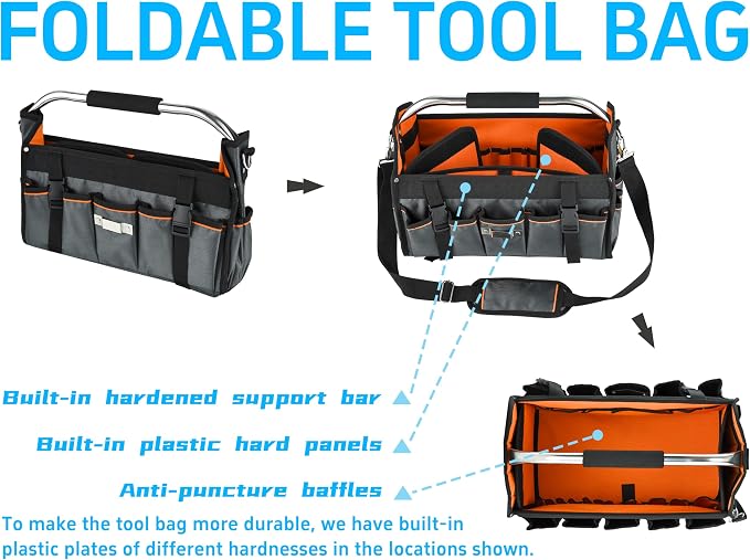 16-Inch Open-Top Tool Tote, 29-Pocket Pro Bag for All Trades | Trusted by Electricians, Plumbers & HVAC pros. Built with 1680D fabric & a padded handle for a comfortable, heavy-load carry