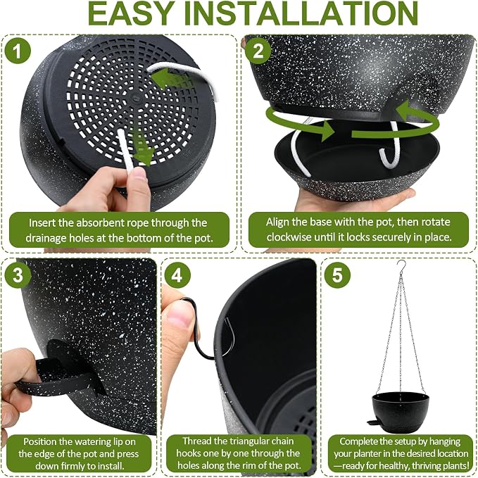 WOUSIWER Self Watering Hanging Planters, 2 Pack 10'' Plastic Pots with Drainage Holes & Reservoir Tray (Speckled Black) | Indoor & Outdoor Use for Ferns, Ivy, Herbs, Succulents