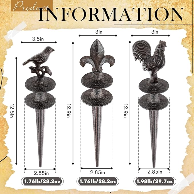 Briwooody 3 Pcs Garden Hose Guide Set Stakes Heavy Duty Cast Iron Water Hose Guide Spike Garden Stakes Decorative for Outside Flower Beds Plant(Rooster Iris Bird)