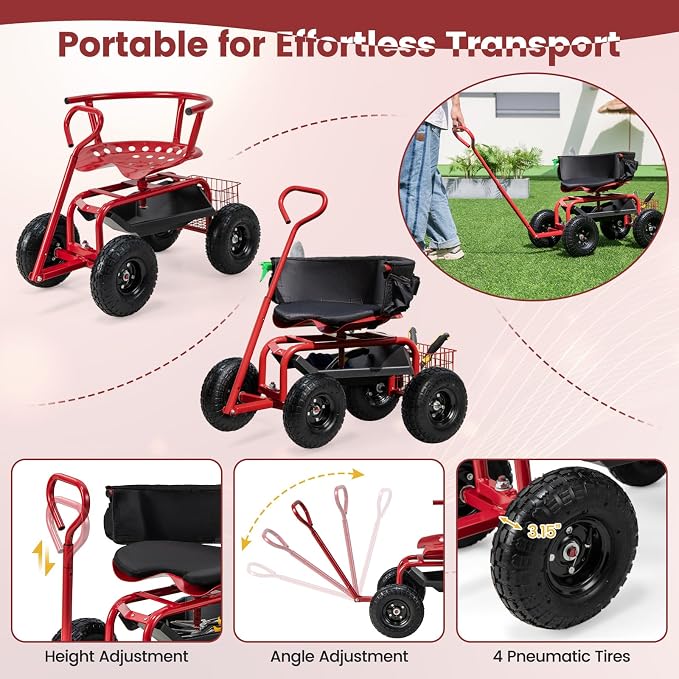 IRONMAX Garden Cart with Seat, Gardening Rolling Stool Scooter with All-Terrain Wheels, Adjustable Steering Handle & Removable Cushion for Planting, Outdoor Gardening Work Seat for Patio, Yard (Red)