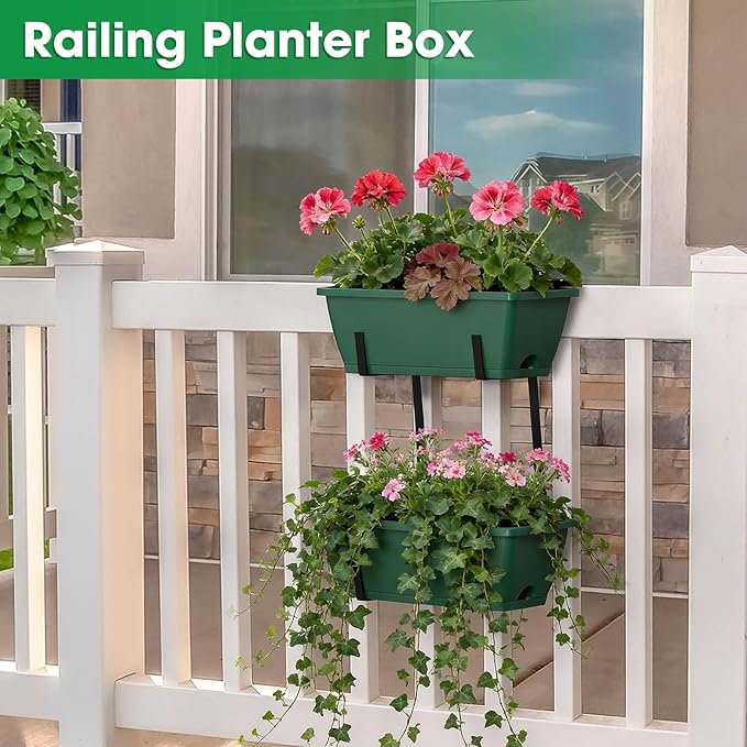 Balcony Planters Railing Hanging, Deck Railings Planter Boxes 16.9in, Railing Planter Box, Deck Planters for Railings, Railing Flower Box with Metal Brackets, Black Green