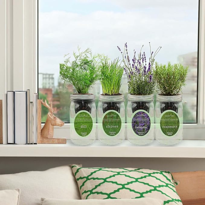 Rosemary, Lavender, Dill & Chives Mason Jar Herb Garden Kit, Aromatic Savory Herb Collection, 4 Pack Indoor Hydroponic Growing Kit