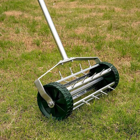 Heavy Duty Rolling Lawn Aerator - 3-Piece Steel Handle Push Spike Aerator for Garden & Yard, 57-Inch Manual Soil Aeration Tool for Grass Maintenance, Compacted Lawn Care