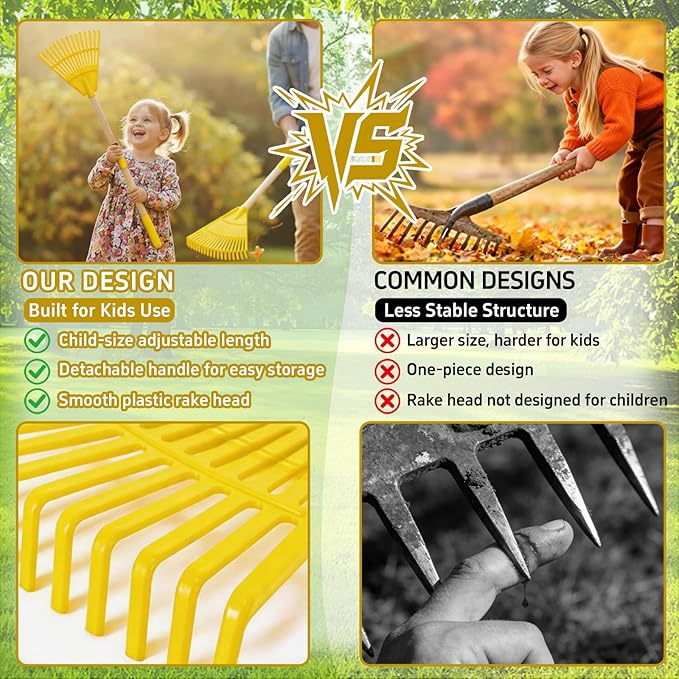 2 Pack Kids Adjustable Leaf Rake Set – 28" to 34" with Detachable Wooden Handles, Lightweight Plastic Head, Designed for Kids, Includes 2 Pairs of Gloves & Leaf Bag (Yellow)