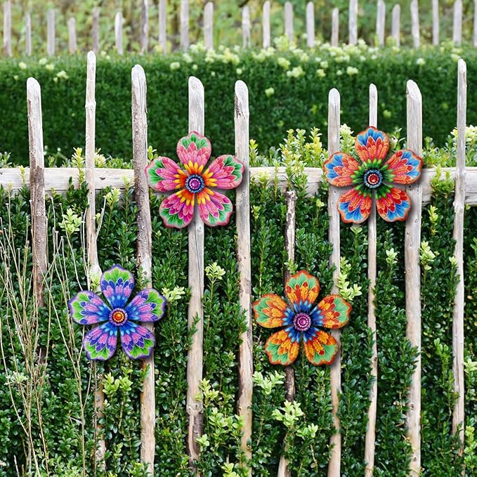 Giyyomtr Metal Flowers Wall Decor - 4pcs Metal Wall Art Hanging Decorations for Outdoor Fence Garden Yard Patio Decor