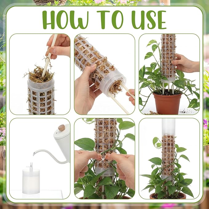 4 Pack Self-Watering Plastic Moss Stake for Monstera Plant Support Multi-Size Stackable and Refillable Plastic Moss Stakes for Climbing Plants with Large Mesh Design