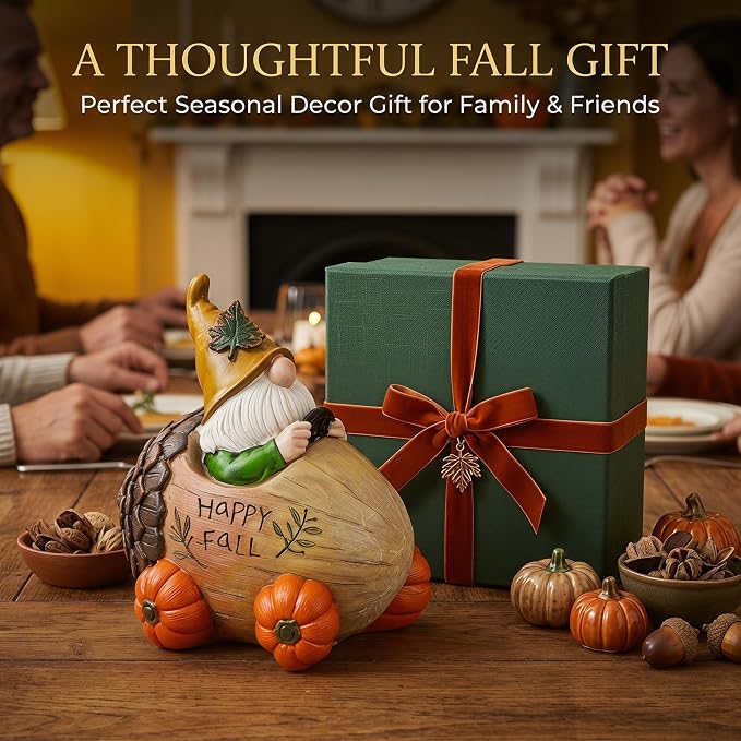 Topadorn Fall Gnome Pine Cone Car Figurine, Resin Harvest Gnome Statue with Pumpkin Wheels and Happy Fall Sign, Thanksgiving Table Decoration, Farmhouse Autumn Decor for Indoor & Outdoor