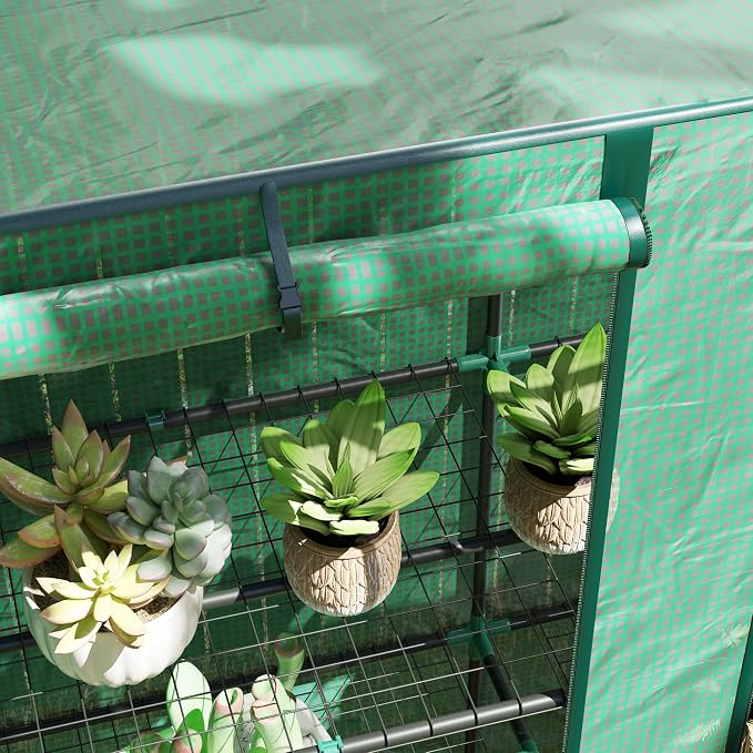 Outsunny Lean-to Greenhouse with 3 Tier Shelves, 56.7" x 18.9" x 59.8" Portable Small Greenhouse with PE Cover, 2 Roll-Up Zippered Doors, for Indoor Outdoor Garden Backyard Balcony, Green