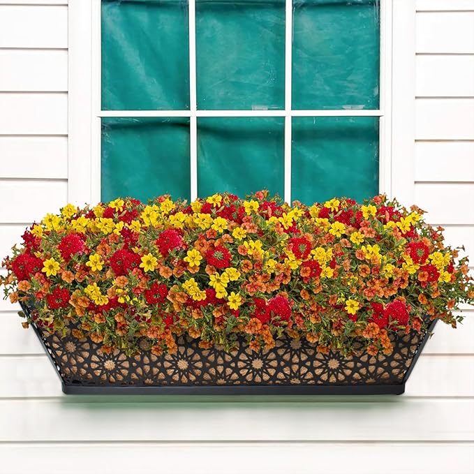Halatool Railing Window Balcony Deck Planter Boxes Outdoor, 2 Pack 24 Inch Metal Heavy Duty Planter Boxes with Coco Liner for Windowsill Fence Porch Patio Lawn