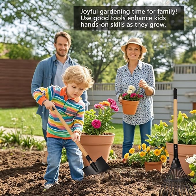 Kids Rake and Shovel Set, 4Pcs Garden Tools Metal Head with Wooden Handle, Great Gardening Gifts for Boys Girls Age 3 and Up