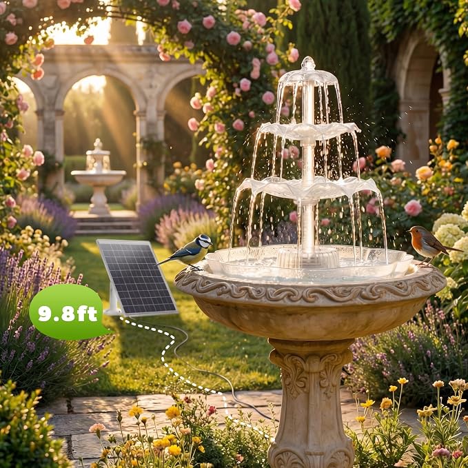 AISITIN 6.5W Solar Bird Bath Fountain with 8-Color LED Lights, 3 Tiered Bird Bath & Feeder, Upgraded Detachable Solar Pump for Garden, Patio, Yard, Pond (Auto Pump Day, Light at Night)