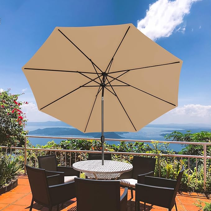 Sundale Outdoor 9FT Patio Umbrella with Sand Bag Umbrella Base, Outdoor Umbrella with Tilt and Crank, Tan