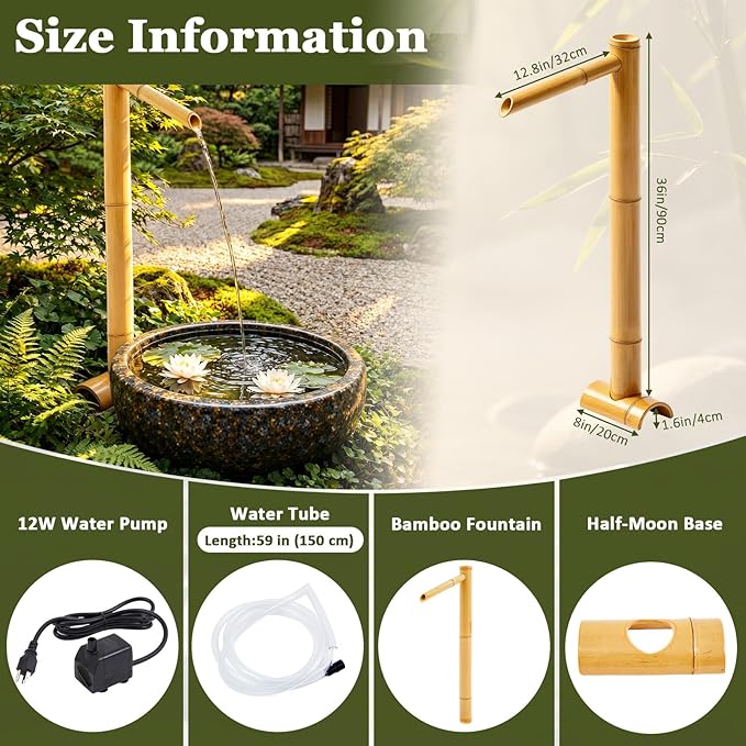 36'' Natural Bamboo Fountain Kit with Adjustable Split-Resistant Spout Quiet Pump and Tubing Japanese Water Feature for Zen Outdoor Patios Landscaping Garden Decor (Traditional)