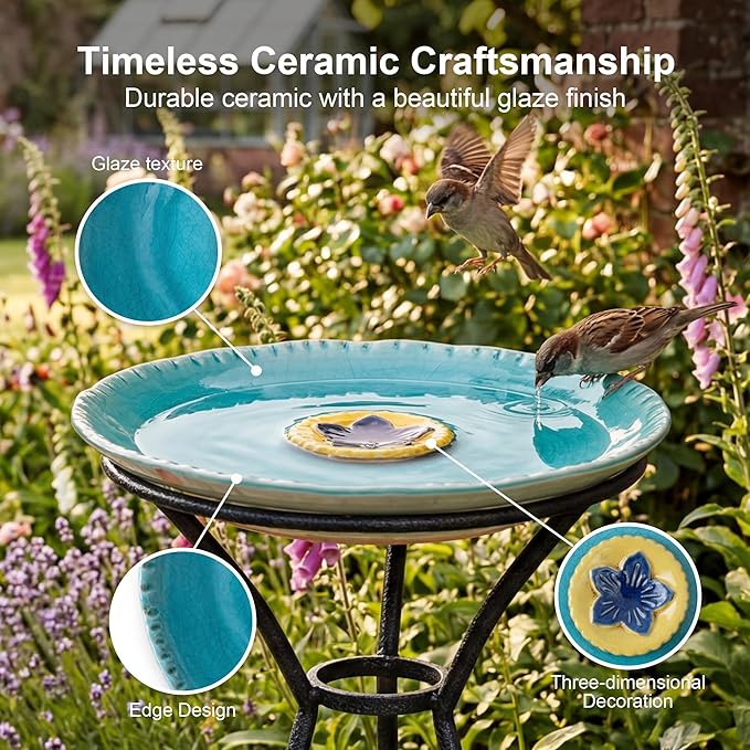 Topadorn 2" Depth Ceramic Birdbath & Birdfeeder for Small Birds Outdoors, 12.2'' Bird Bath Bowl for Vintage Garden Patio Yard Lawn Decor, Blue with Yellow Flower