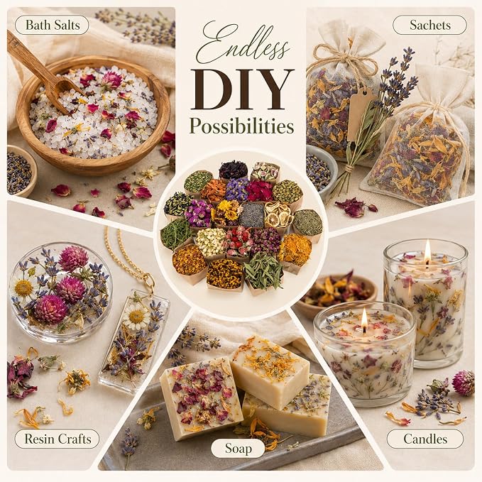 Sukh Dried Herbs Kit - Dried Botanicals Bulk,21 Bags Natural Dry Flowers and Herbs for Soap,Candle,Perfume,Bath Bombs,Resin Jewelry Making Supplies,Fragrance Sachet DIY and Witchcraft