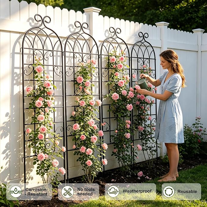 YOBAZAN 4 Pack 72x20in Rustic Iron Arch Decoration Garden Trellis with Black Metal Coating – Perfect for Supporting Climbing Plants Outdoor, Roses, Vines, Flowers, and Vegetables.